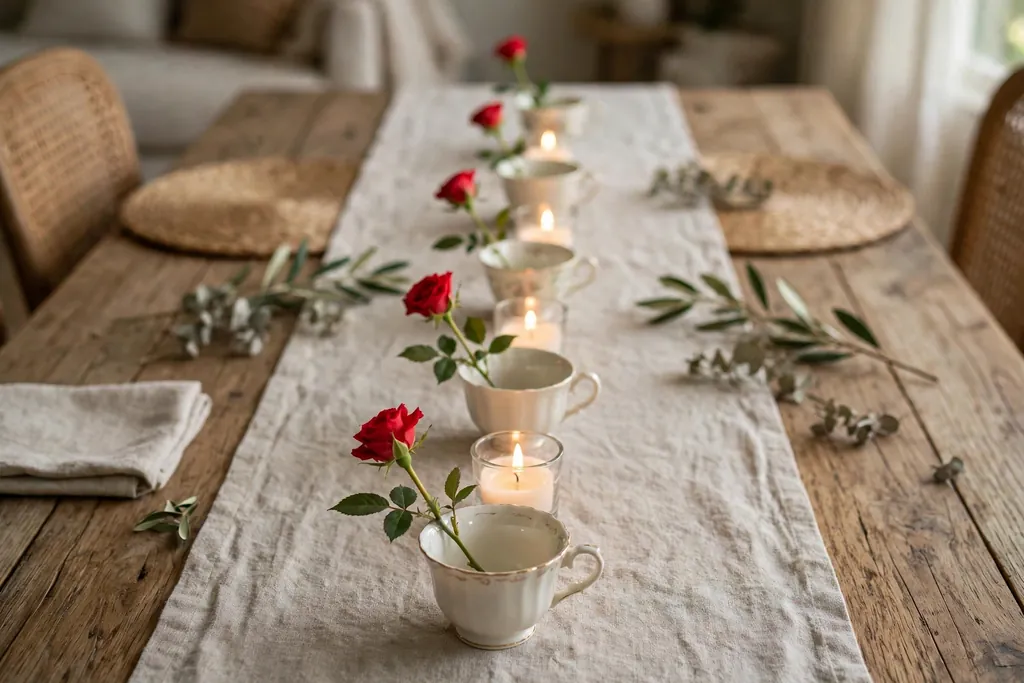Small teacups each holding one short rose stem in a row down the center of a dining table.