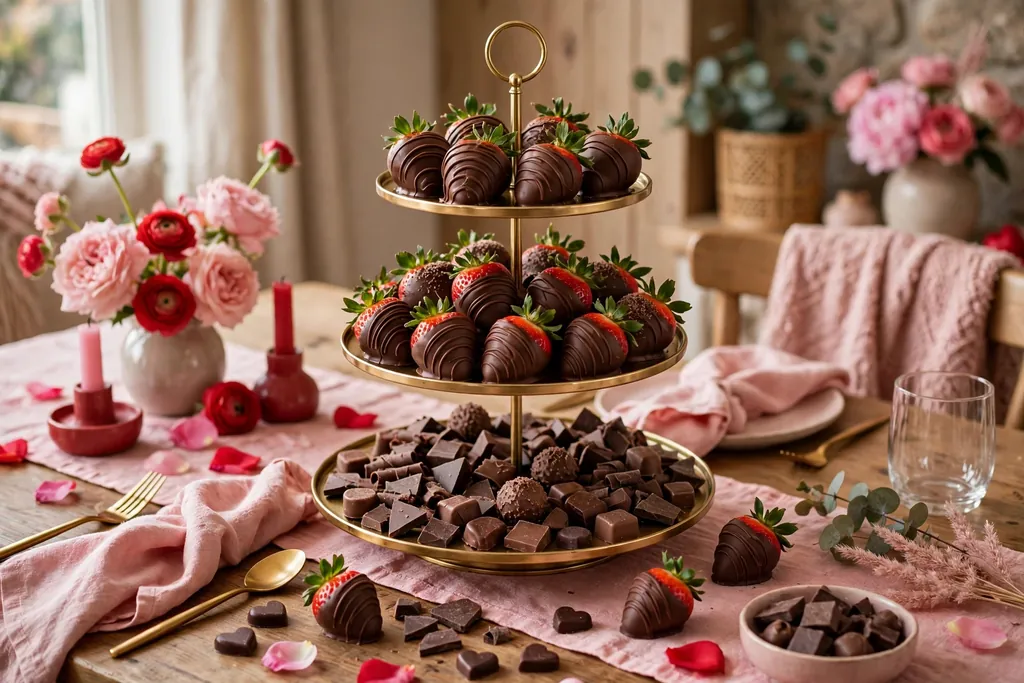 Tiered stand with chocolate dipped strawberries and small chocolate pieces on a dining table.