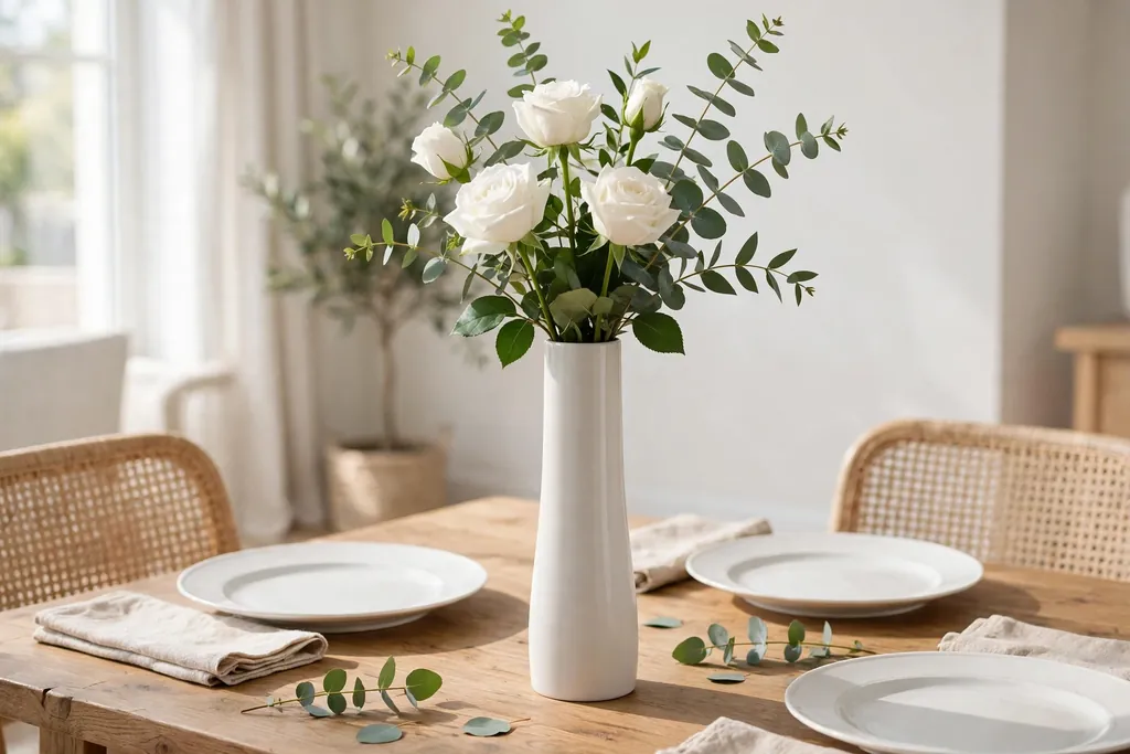 White roses and eucalyptus stems in a simple modern vase on a dining table.