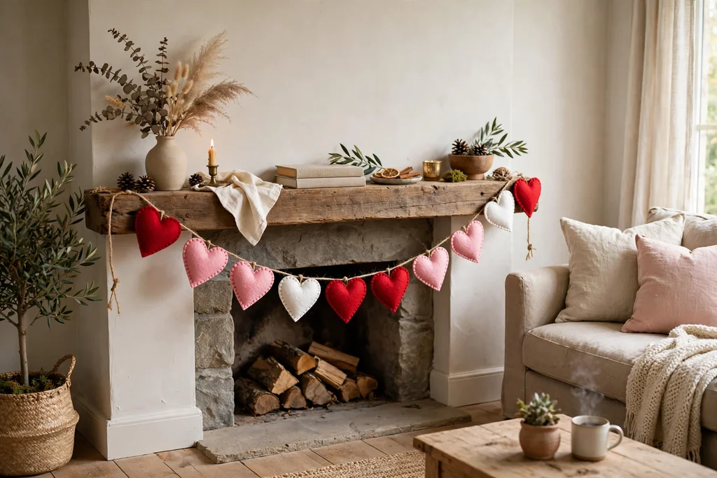 Felt hearts in red, pink, and white strung on twine and draped along a mantel.