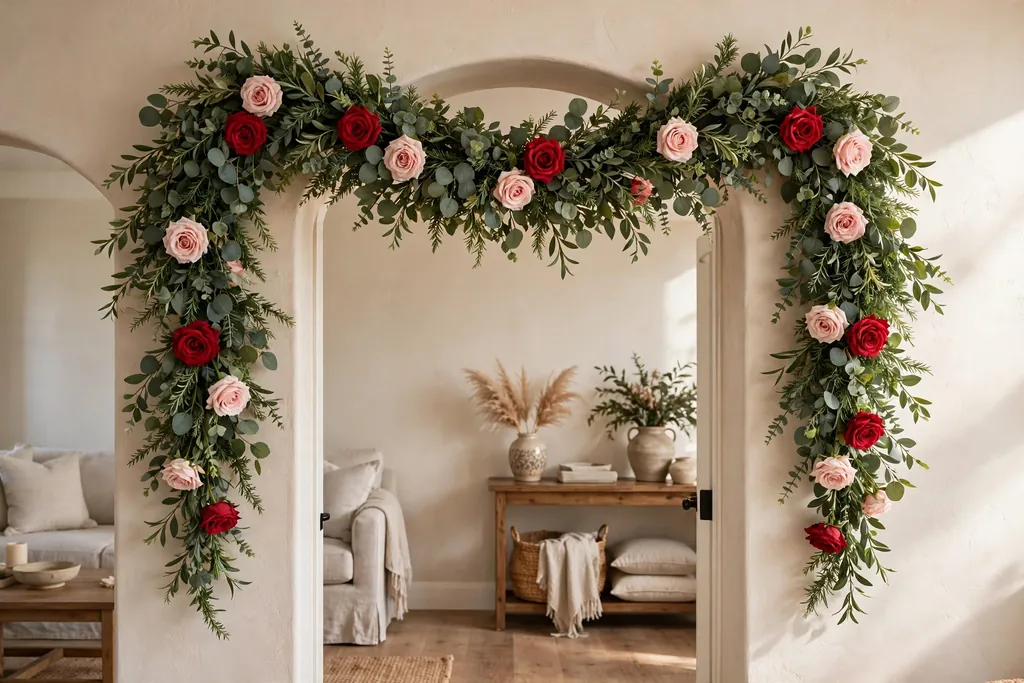 Faux greenery garland with red and blush roses draped over a doorway arch.