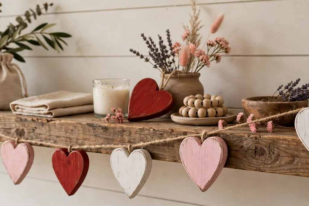 Painted wooden hearts in red, white, and soft pink strung on jute twine along a shelf.
