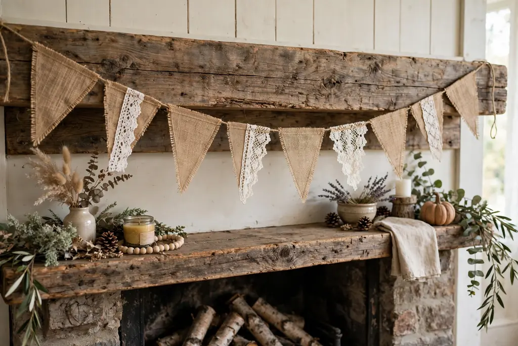 Burlap pennants and lace trim pieces strung on twine across a rustic wood mantel.