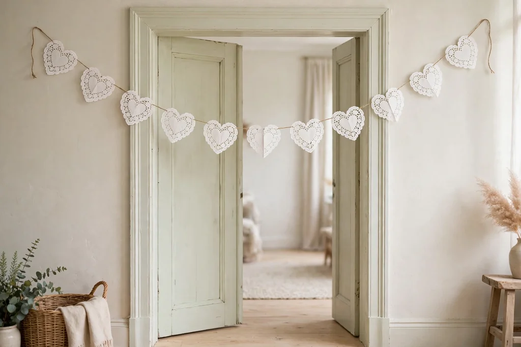 White paper doily hearts strung on thread across a pale doorway.