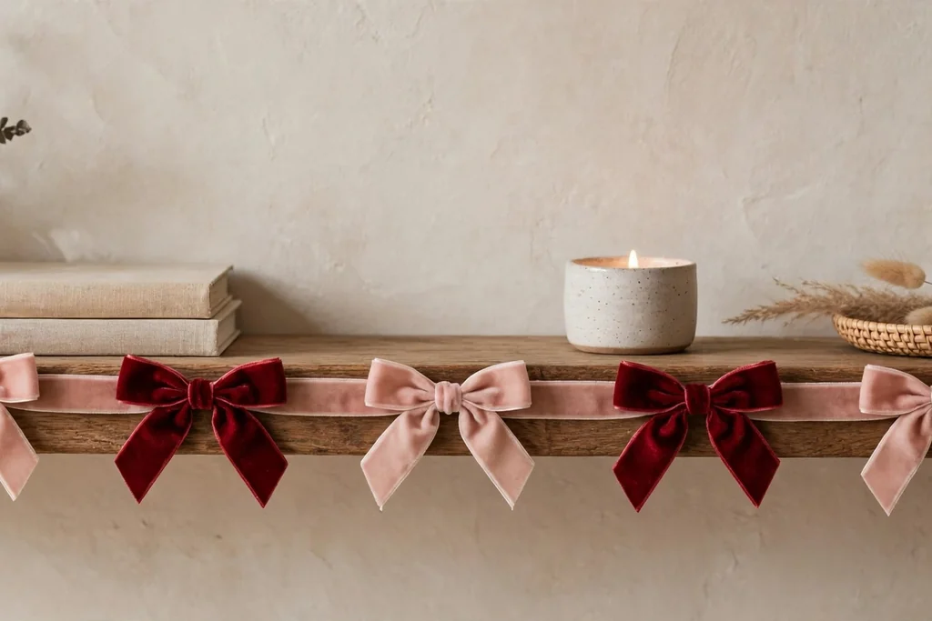 Small velvet bows in deep red and blush pink tied along a ribbon on a shelf.