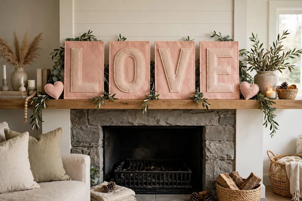 Large felt panels spelling LOVE with small hearts at each end across a mantel.