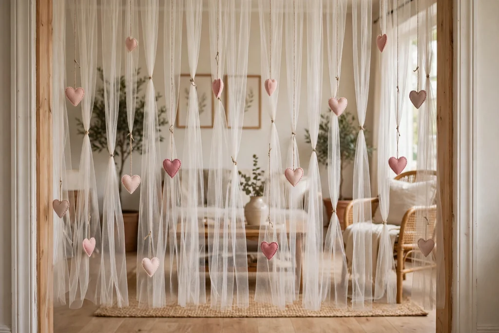 Vertical tulle strands with small felt hearts hanging as a curtain in a doorway.