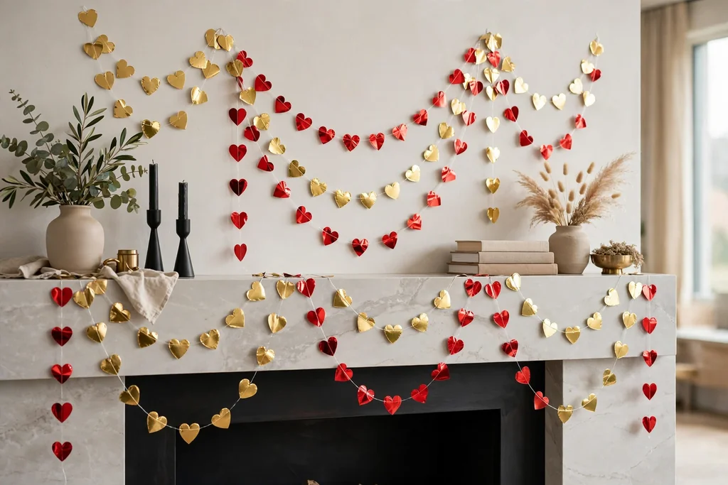 Gold and red foil hearts on clear thread draped in strands across a modern mantel.