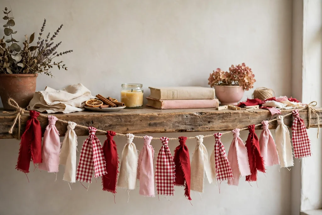 Fabric scrap strips in red, pink, cream, and gingham tied along twine on a shelf.