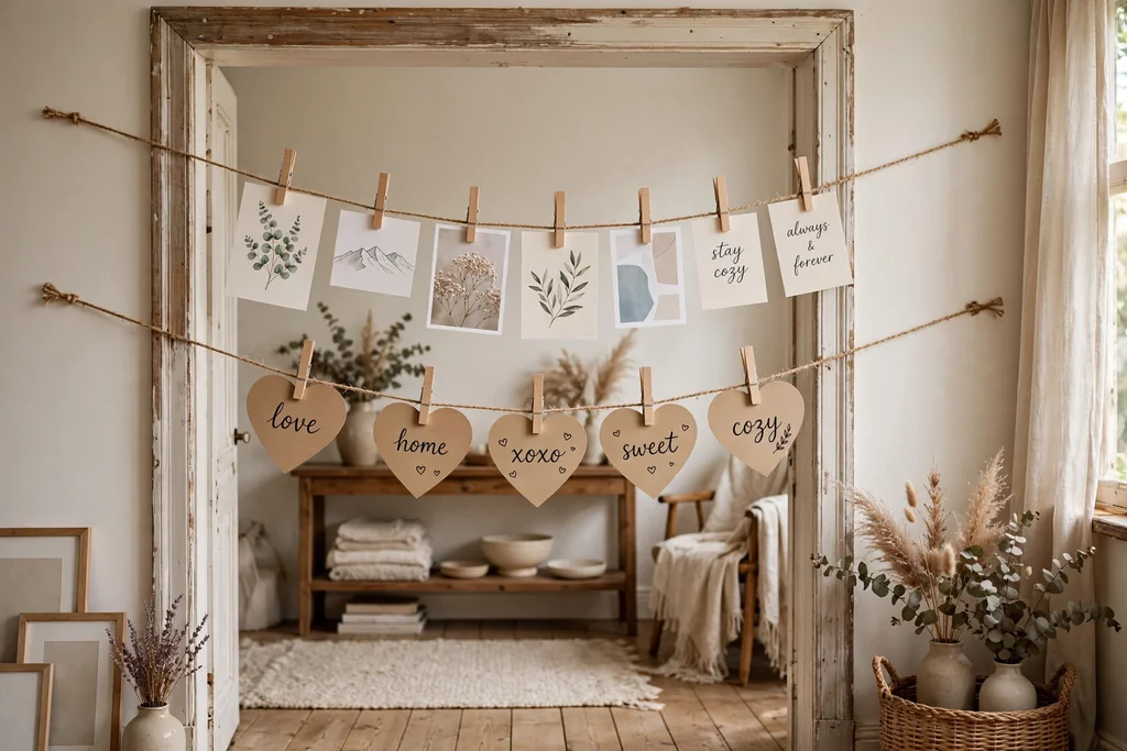 Small prints and heart shaped cards clipped with wooden clips to twine across a doorway.
