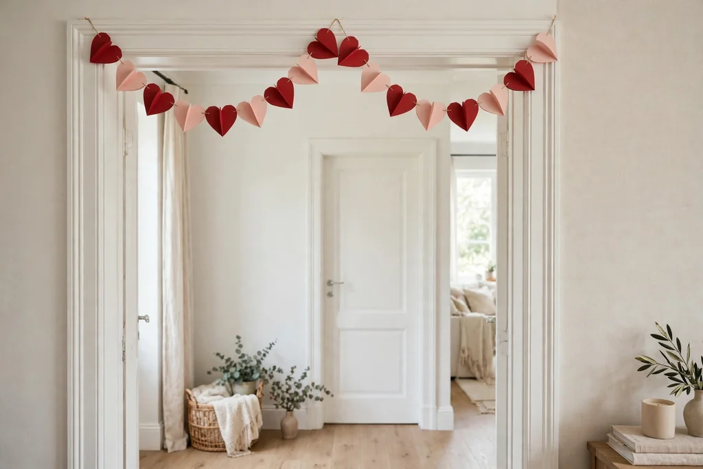 Paper heart chain in red and blush pink spanning the top of a white doorway.