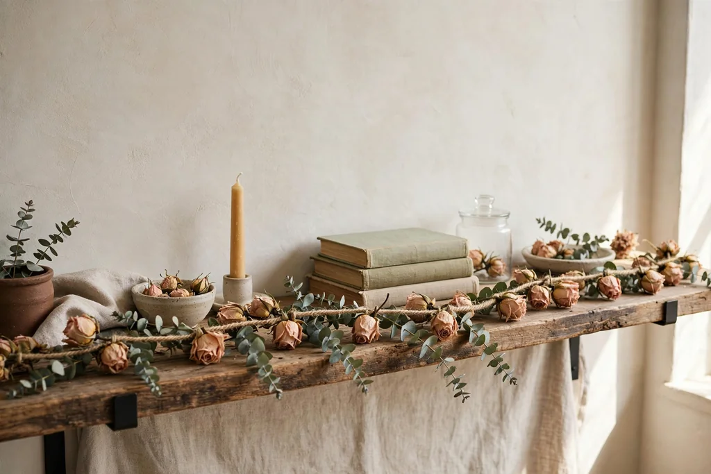 Dried rose buds and eucalyptus sprigs threaded on twine along a wooden shelf.