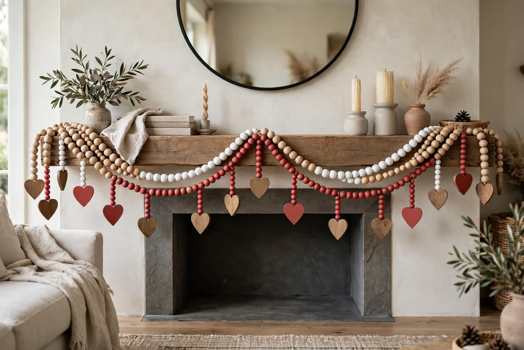 Wooden beads in natural, white, and red tones with flat wooden hearts draped across a mantel.