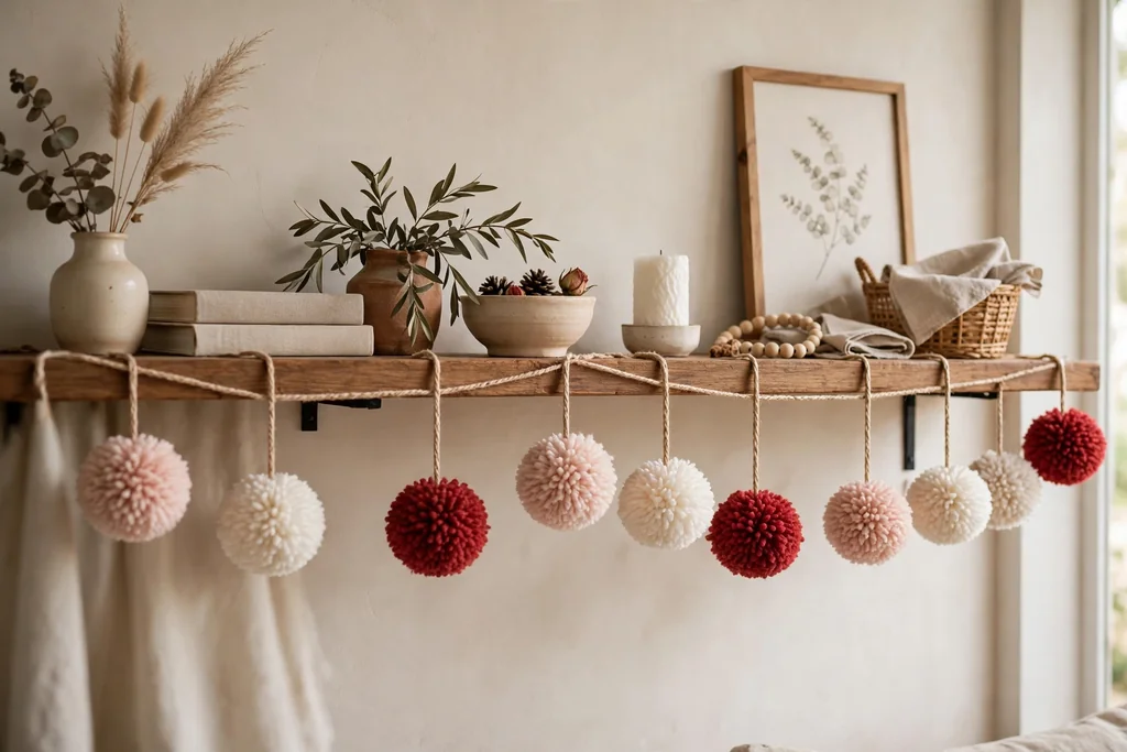 Soft yarn pom-poms in blush, cream, and red hanging along the front edge of a shelf.