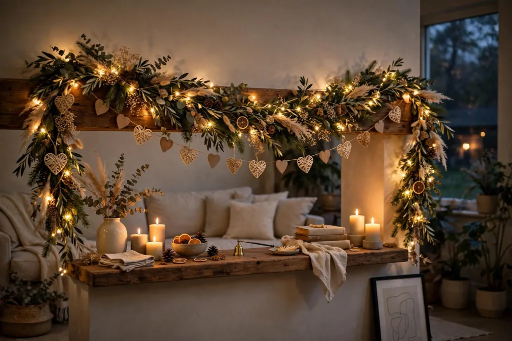 Warm white fairy lights woven through a heart garland on a mantel in the evening.