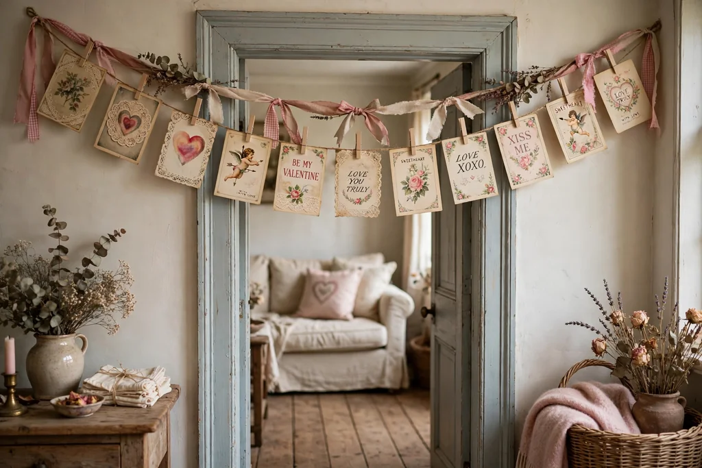 Vintage style Valentine cards clipped to ribbon bunting across a doorway.