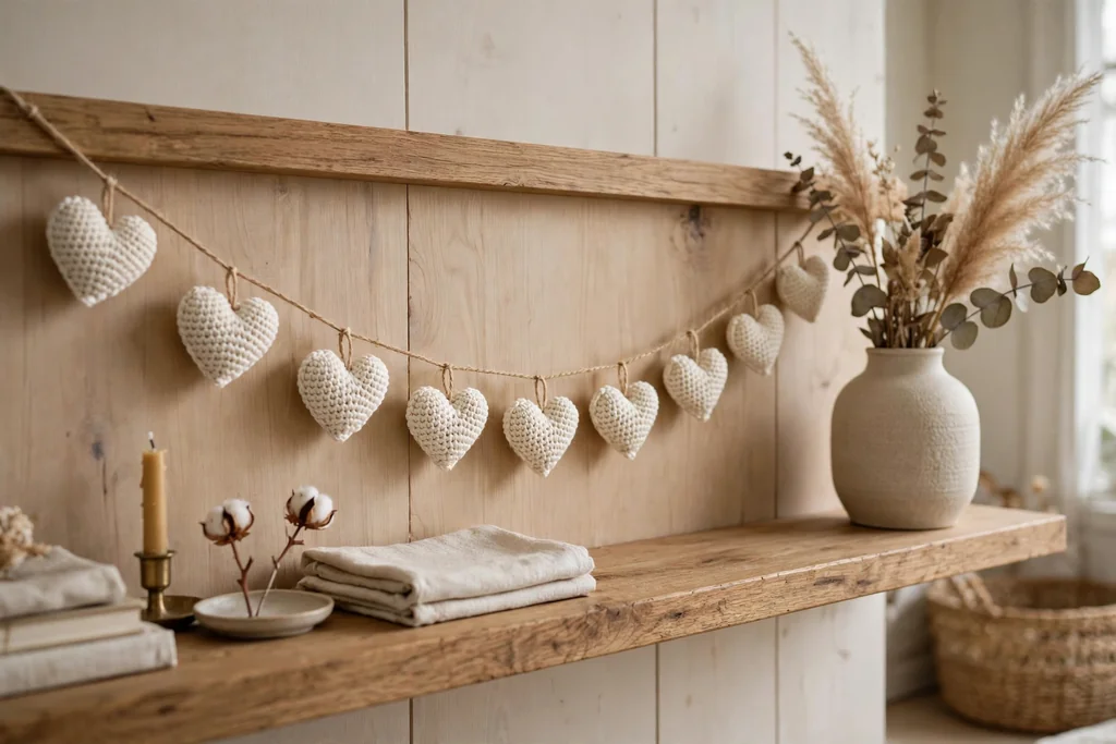 Small crochet hearts in cotton yarn joined on twine along a shelf beside a vase.