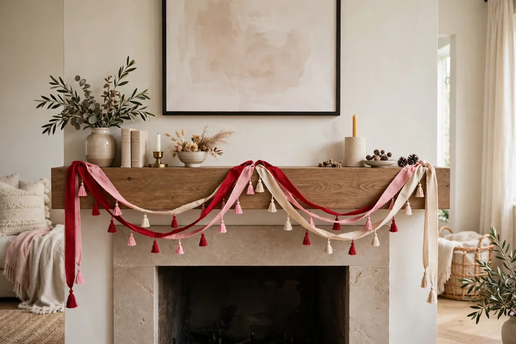 Ribbons in red, pink, and cream with small tassels swagged across a mantel.