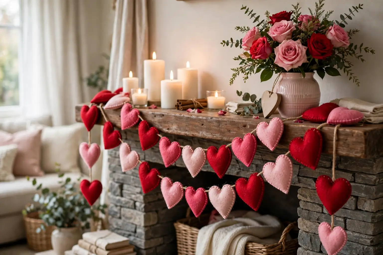 Valentine garland of red and pink felt hearts draped along a living room mantel with candles and a vase of roses.
