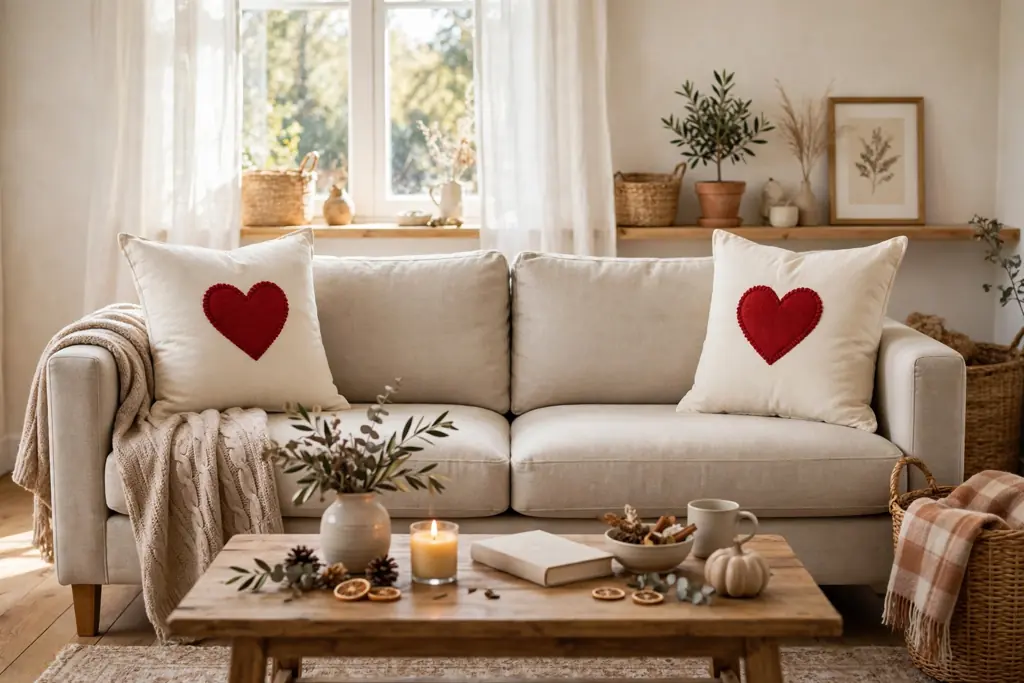 Cream square pillows with a single red heart applique at each end of a neutral sofa.