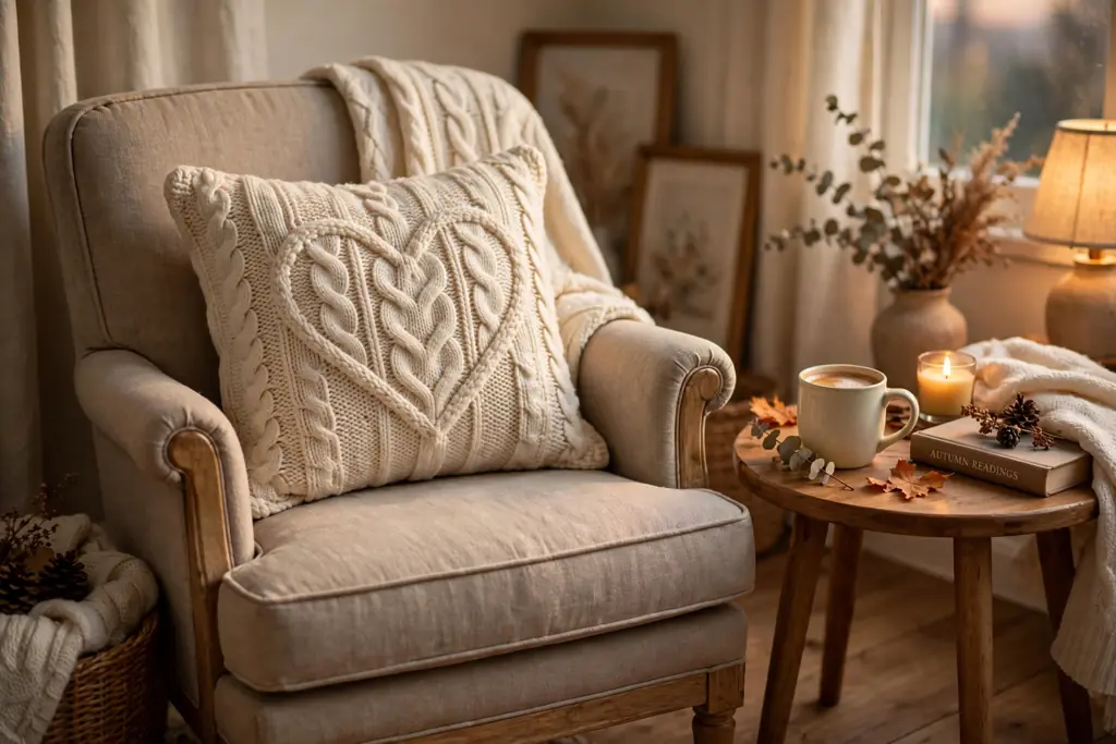 Knit pillow with a heart motif in cream on a reading chair beside a small side table.