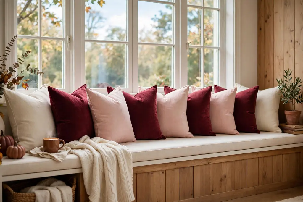 Burgundy and blush pillows alternating along a window seat with cream pillows at each end.
