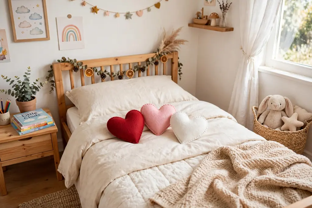 Small felt heart pillows in red, pink, and white on a child's bed.