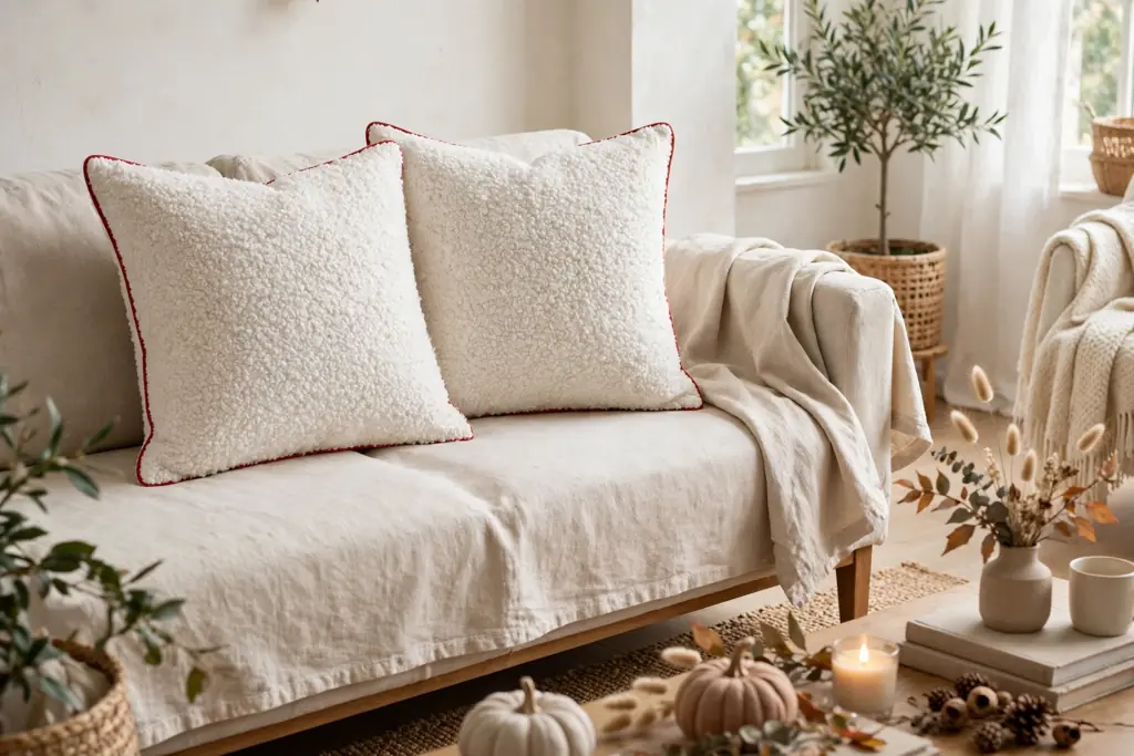 White boucle pillows edged with thin red piping on a sofa with plain covers nearby.