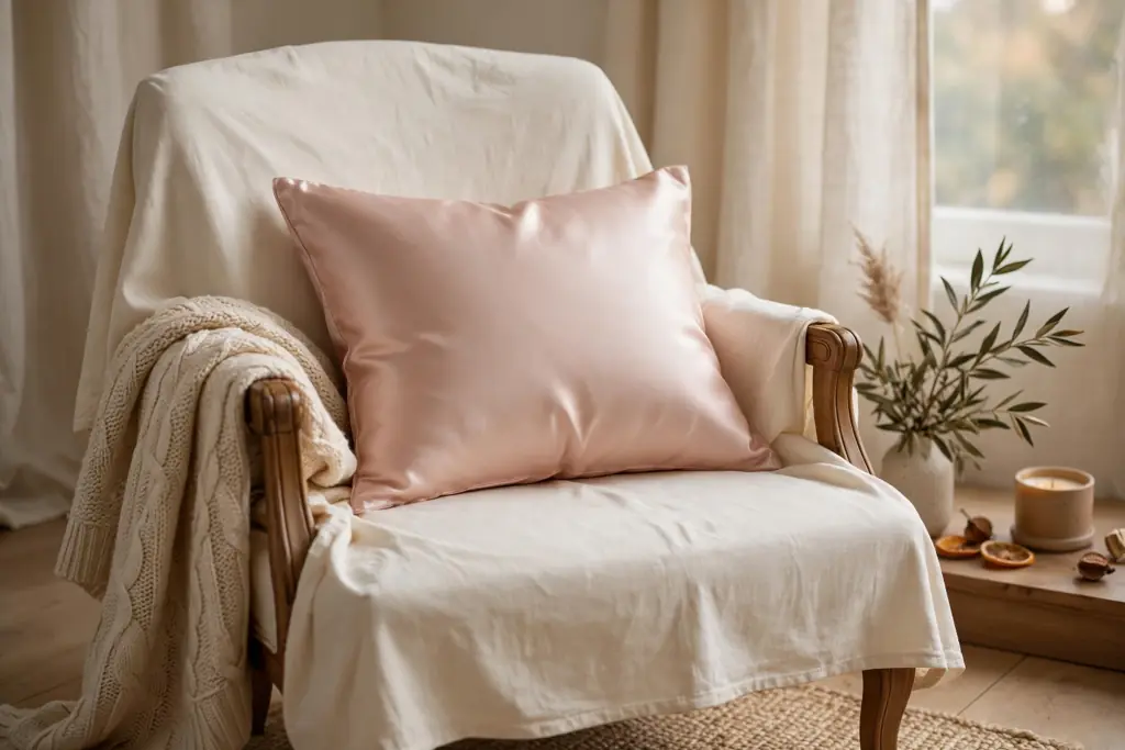 Satin blush pillow on a bedroom chair with a plain cream cover behind it.
