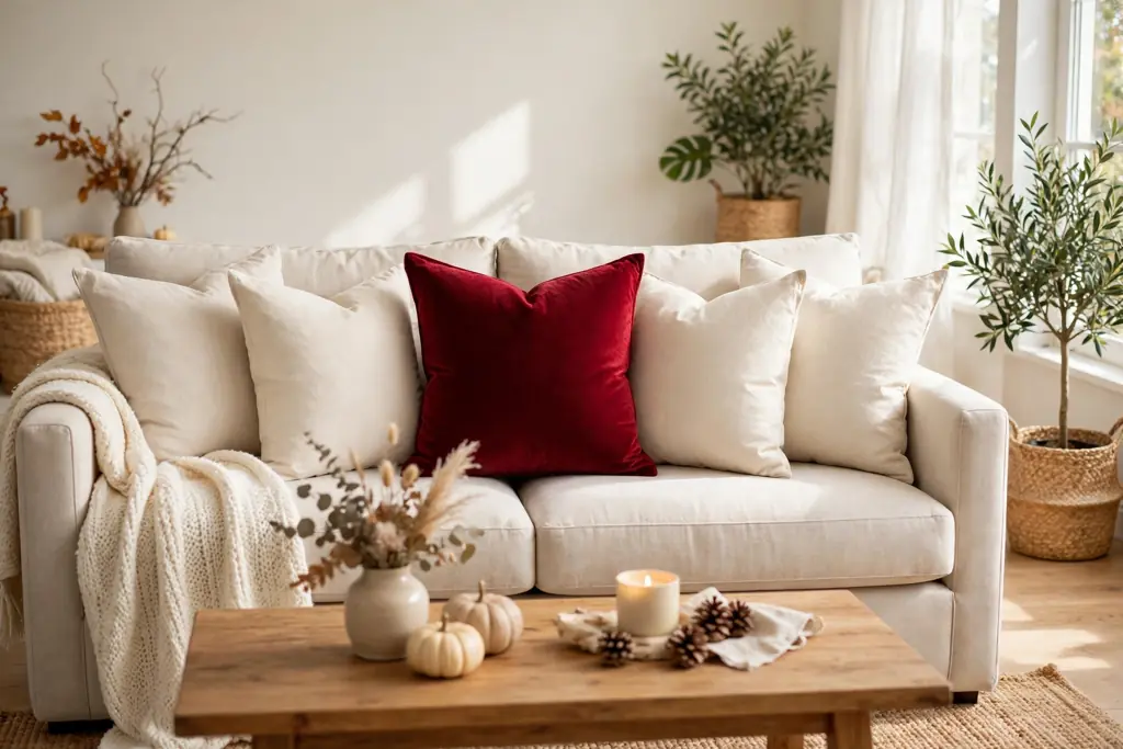 One bold deep red velvet pillow at the center of a neutral sofa with plain cream pillows around it.