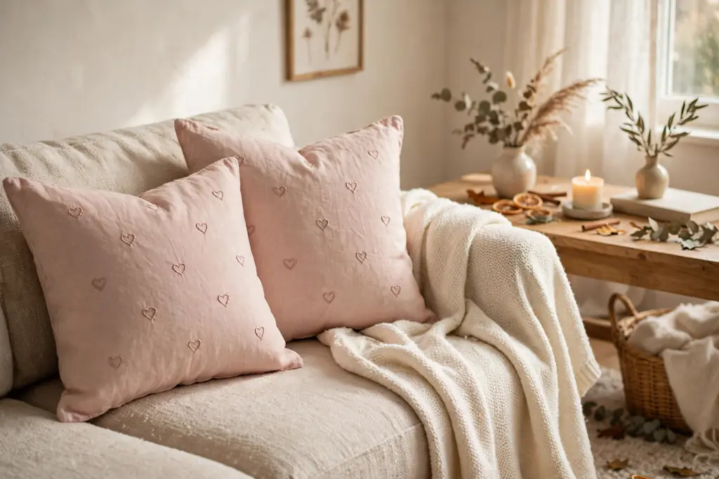 Blush linen pillows with small embroidered hearts on a sofa beside a plain cream cover.