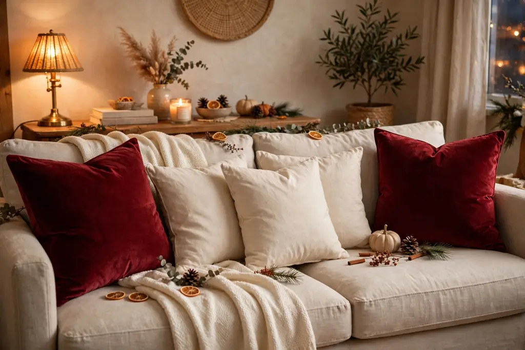 Two deep red velvet square pillows at each end of a living room sofa.