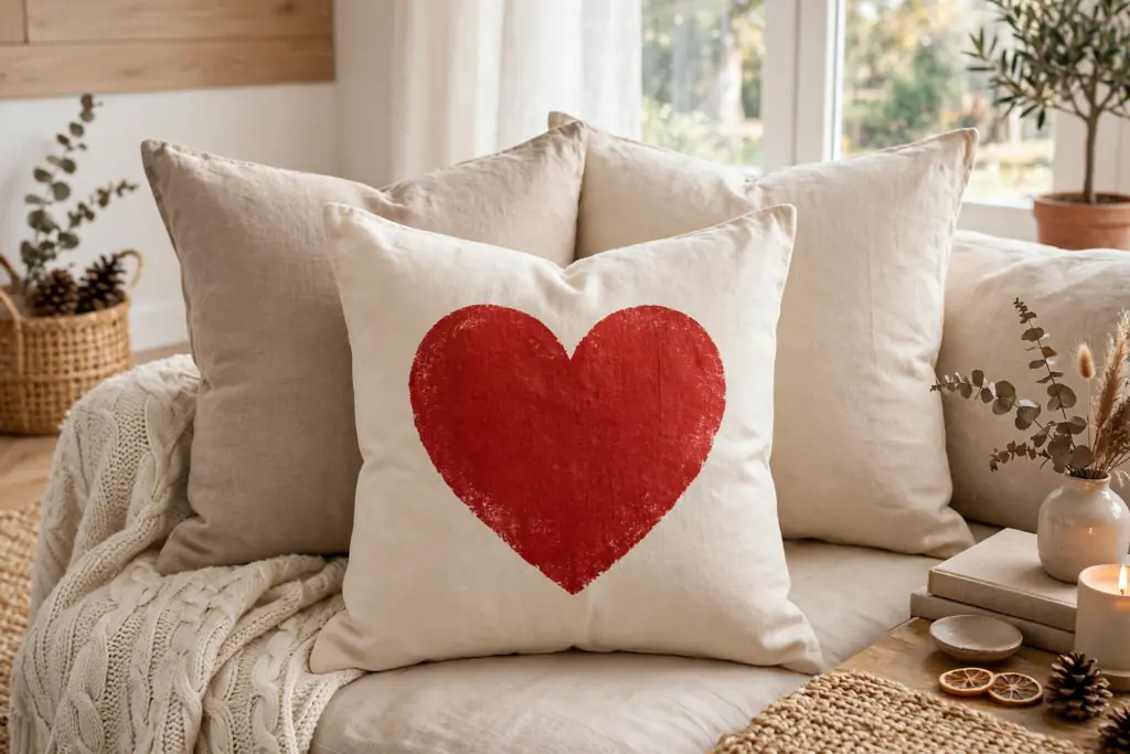 Cream pillow with one large red heart print in front of plain square pillows on a sofa.