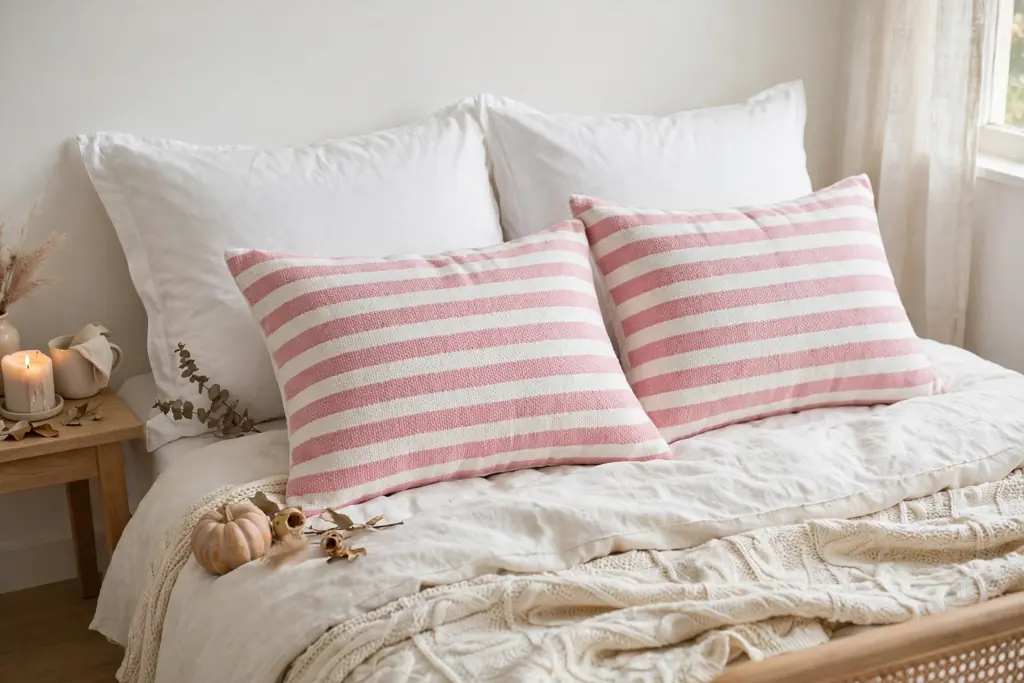 Pink and white striped pillows in front of plain white sleeping pillows on a bed.