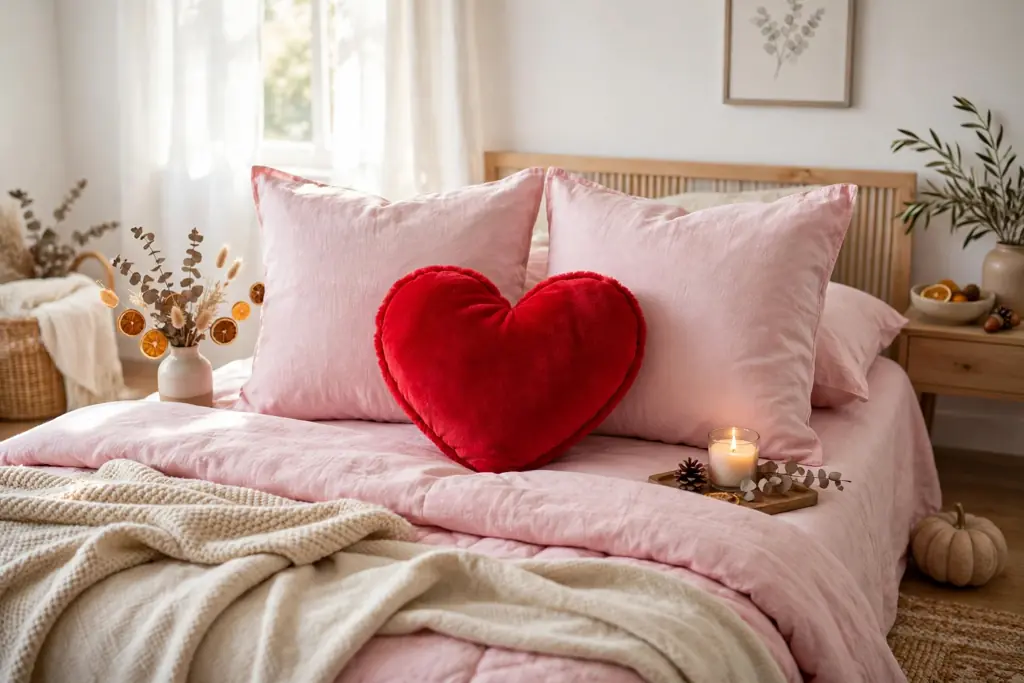 One red heart shaped pillow at the center of a bed in front of regular square pillows.