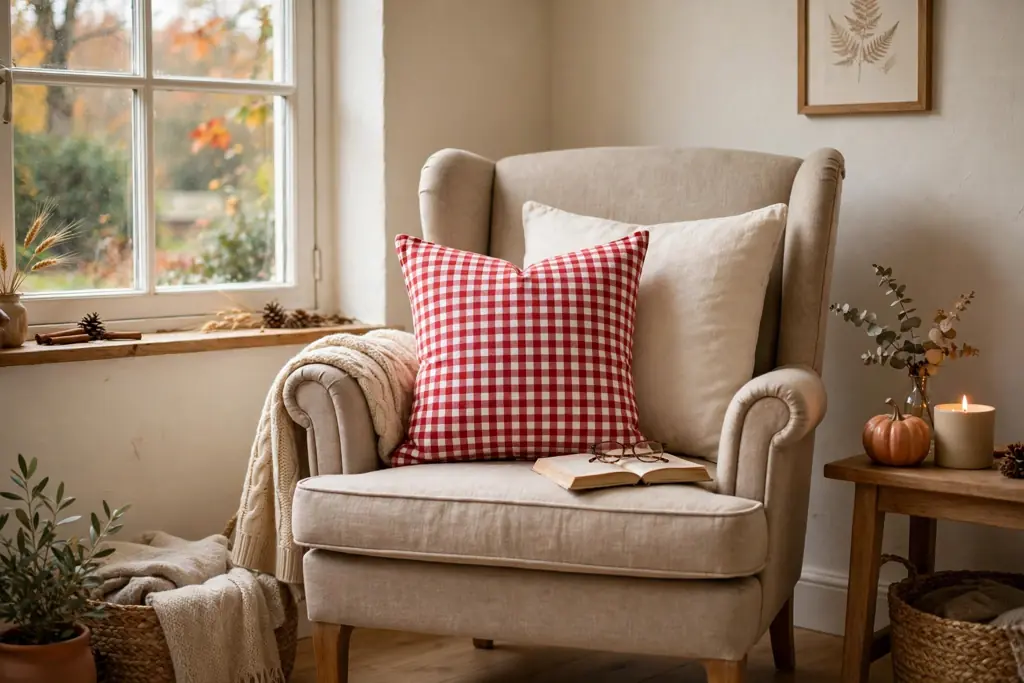 Red and white gingham pillow on a reading chair with a plain cream cushion behind it.
