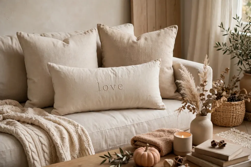 Long lumbar pillow with simple love lettering centered on a sofa in front of square pillows.