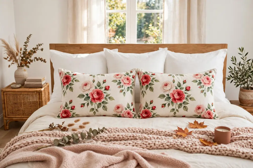 Rose print pillows in red and blush on a cream ground as the front row on a bed.