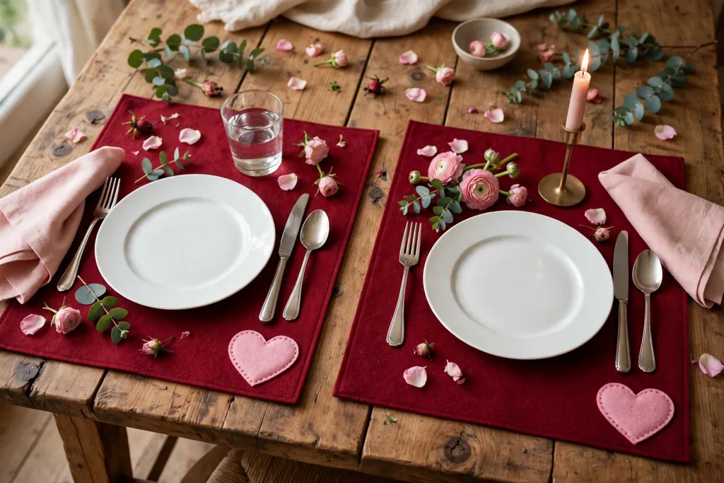 Deep red felt placemats with a pink heart applique at one corner, set with white plates on a wood table.