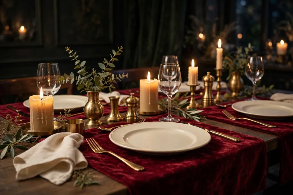 Deep red velvet placemats under cream plates with candles and brass details at an evening dinner table.