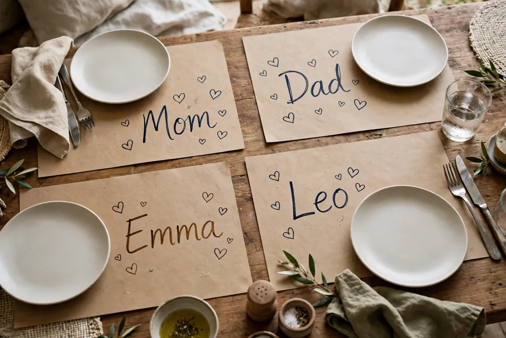 Kraft paper placemats with handwritten names and small hearts in pen, set with plain plates at a family table.