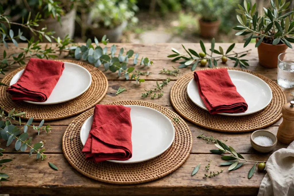 Natural woven rattan placemats with red napkins and plain plates on a wood table with greenery nearby.
