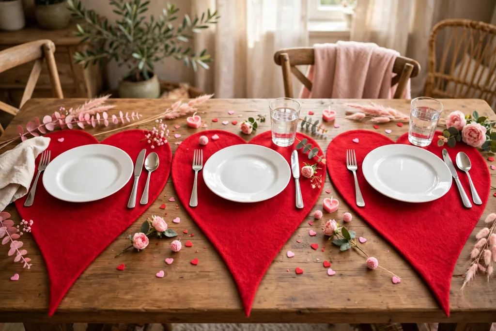 Heart shaped red placemats with the point facing the guest, set with plain white plates on a table.