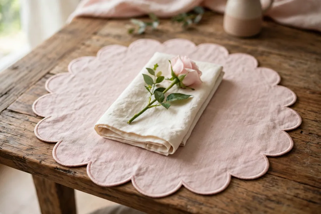 Blush pink linen placemats with a scalloped edge, set with cream napkins and a single rose stem.
