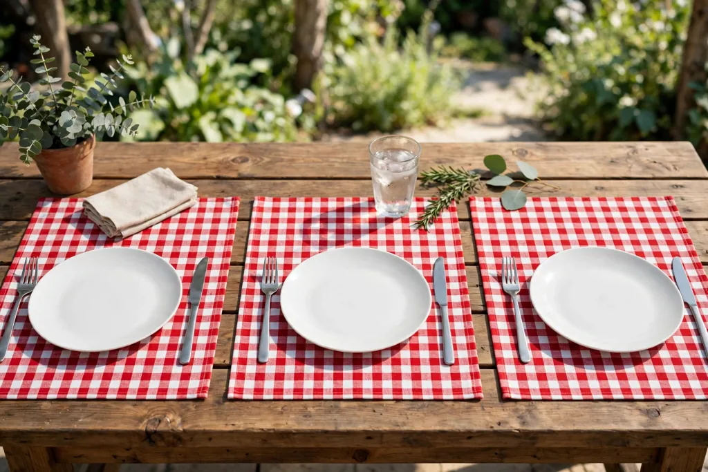Red and white gingham placemats with plain white plates and simple cutlery on a casual table.
