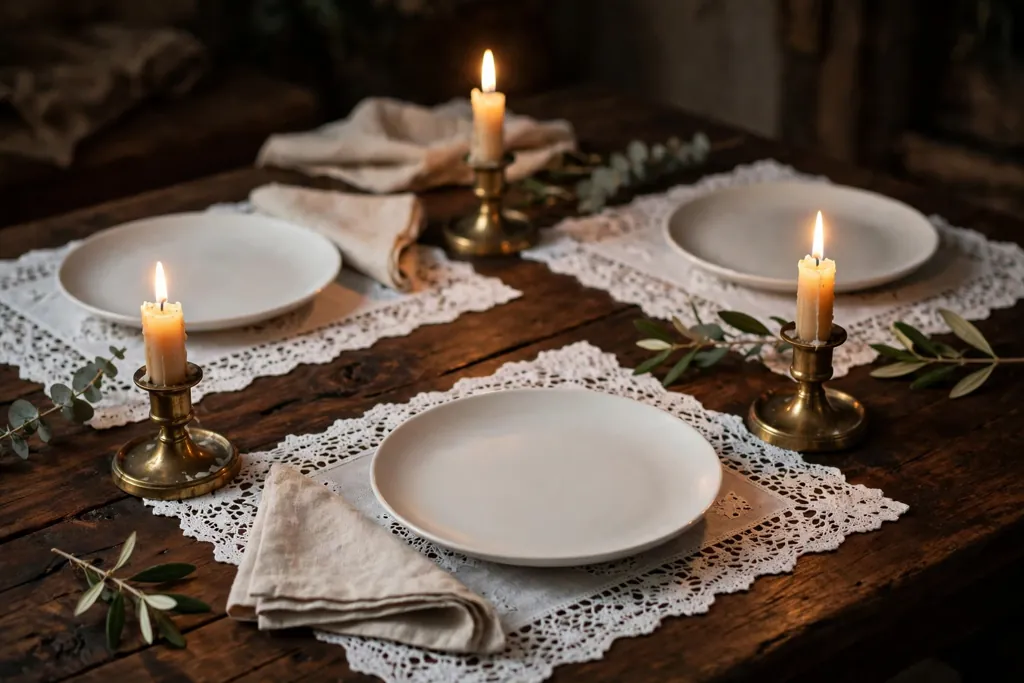 White lace placemats on a dark wood table with plain plates and candles in stable holders.