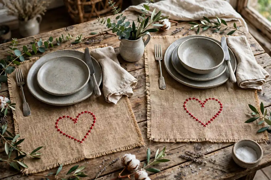 Burlap placemats with a stitched red heart, set with stoneware plates on a rustic wood table.