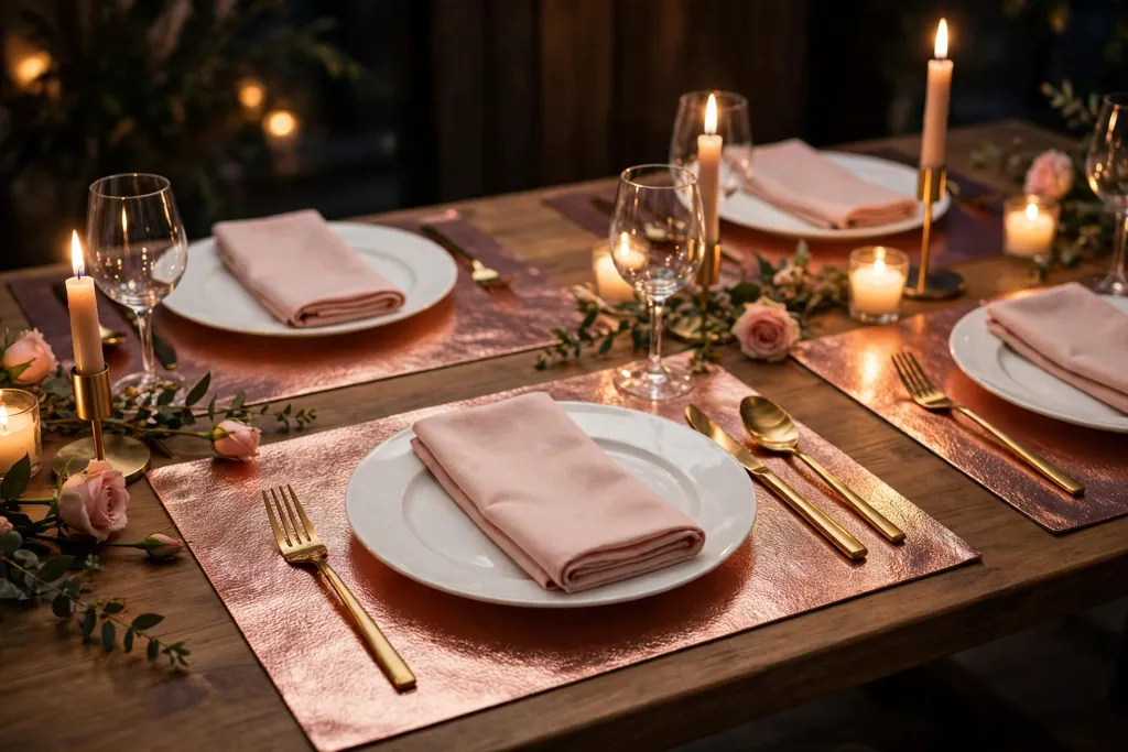 Rose gold metallic placemats with white plates, blush napkins, and gold toned cutlery at an evening table.