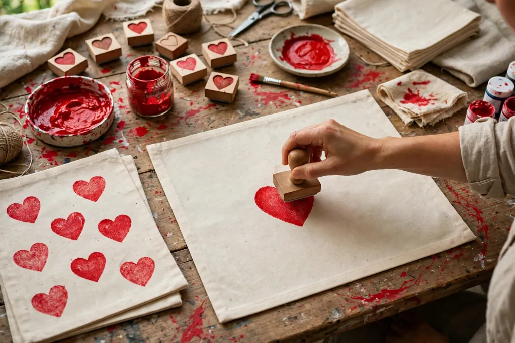 Plain cotton placemats being hand stamped with red heart shapes and fabric paint on a craft table.