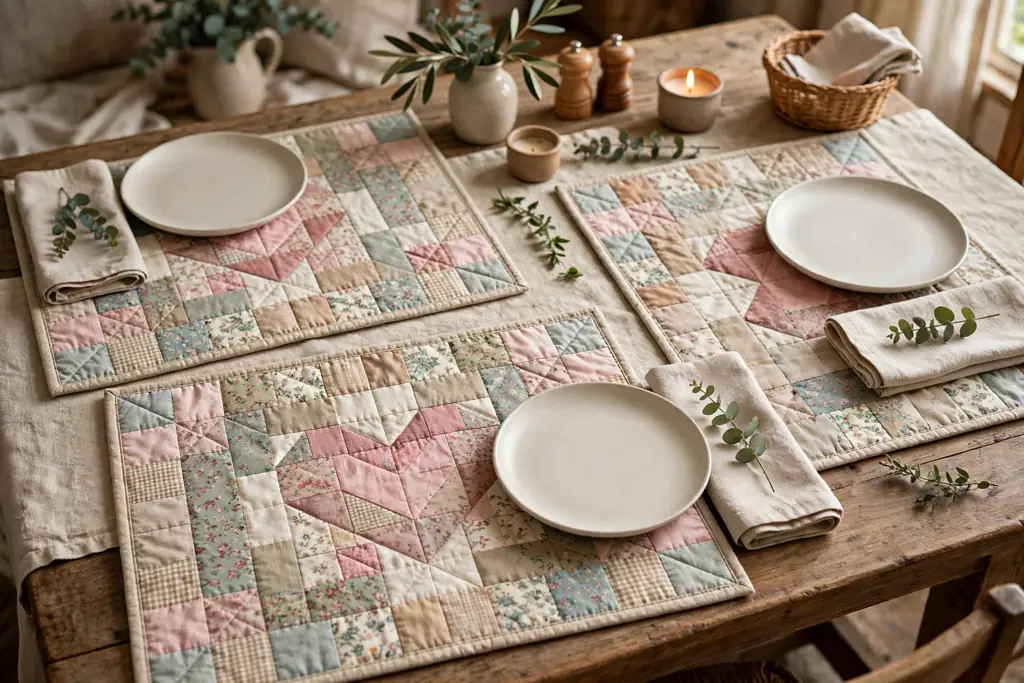 Quilted patchwork placemats with a heart block at the center, set with plain plates on a cozy table.